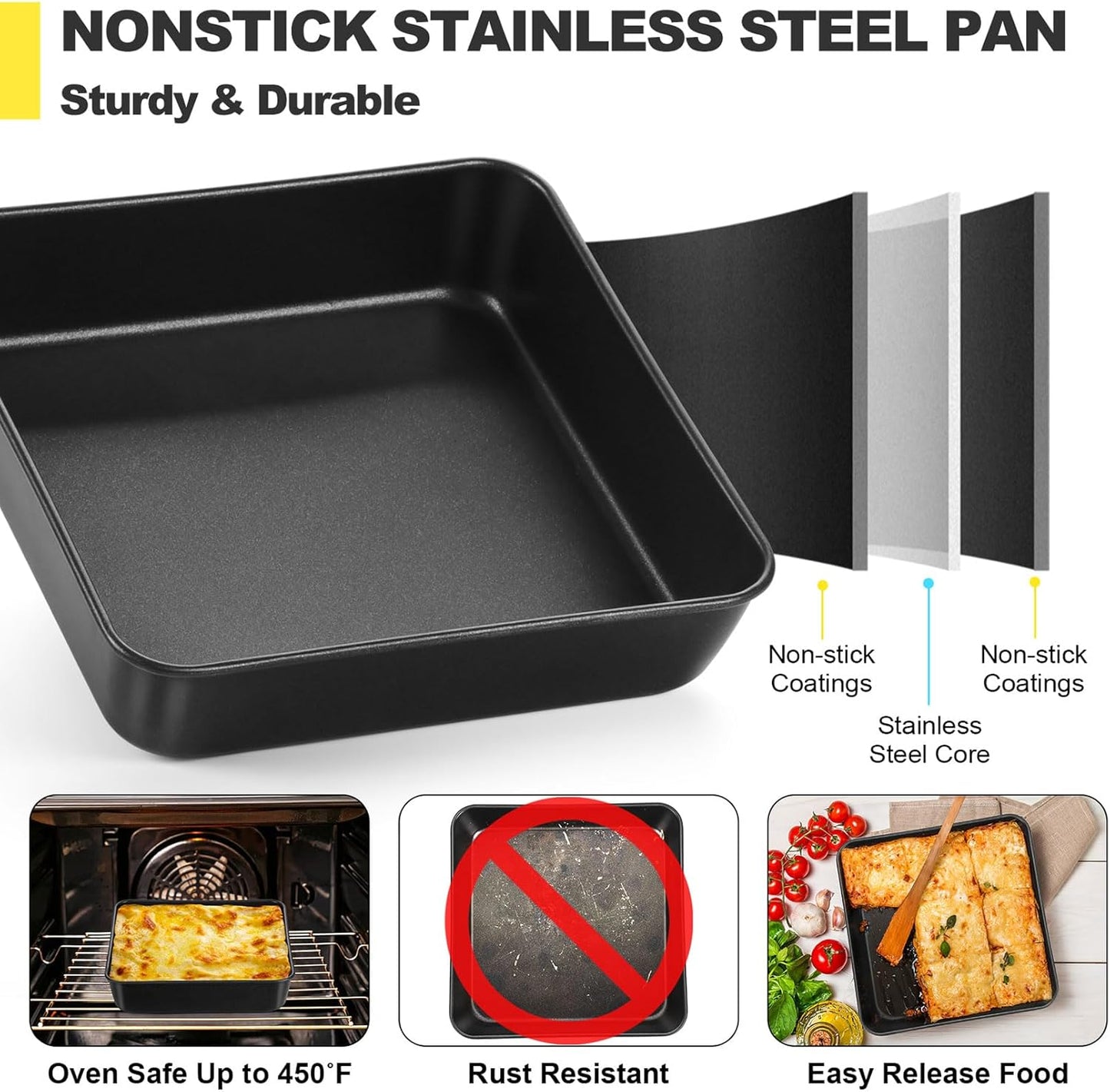 Square Baking Pan with Lid, Nonstick Stainless Steel Square Cake Pan and Plastic Lid, Black Bakeware Tin for Lasagna Brownies, Sturdy & Easy Clean, (8 Inch, 2Pcs)