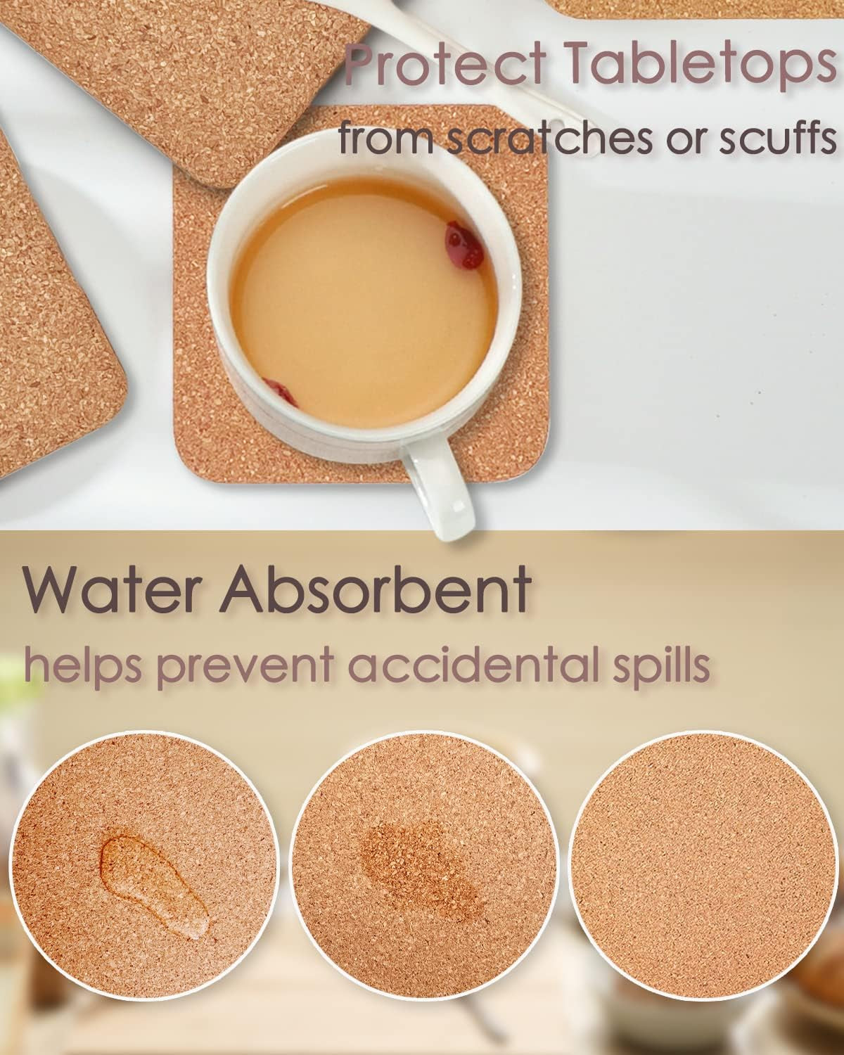 Cork Coasters for Drinks, 8 Pcs Square Extra Thick Absorbent Cork Coaster Sets, round Edge Drink Coaster, Cup Coasters for Kinds of Cups, Housewarming Gifts, Home Decor, 4 X 4 Inches