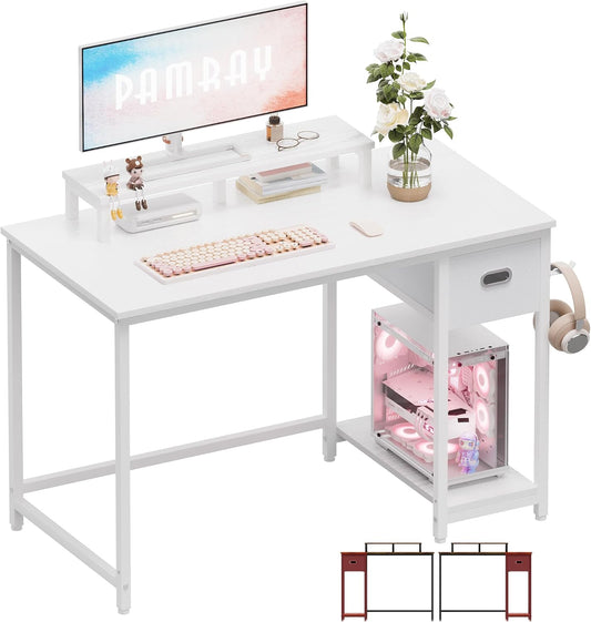 39 Inch Computer Desk with Monitor Stand Small Home Office Desks with Non-Woven Storage Drawer for Bedroom Study Table Writing and Work Desk White,White Leg