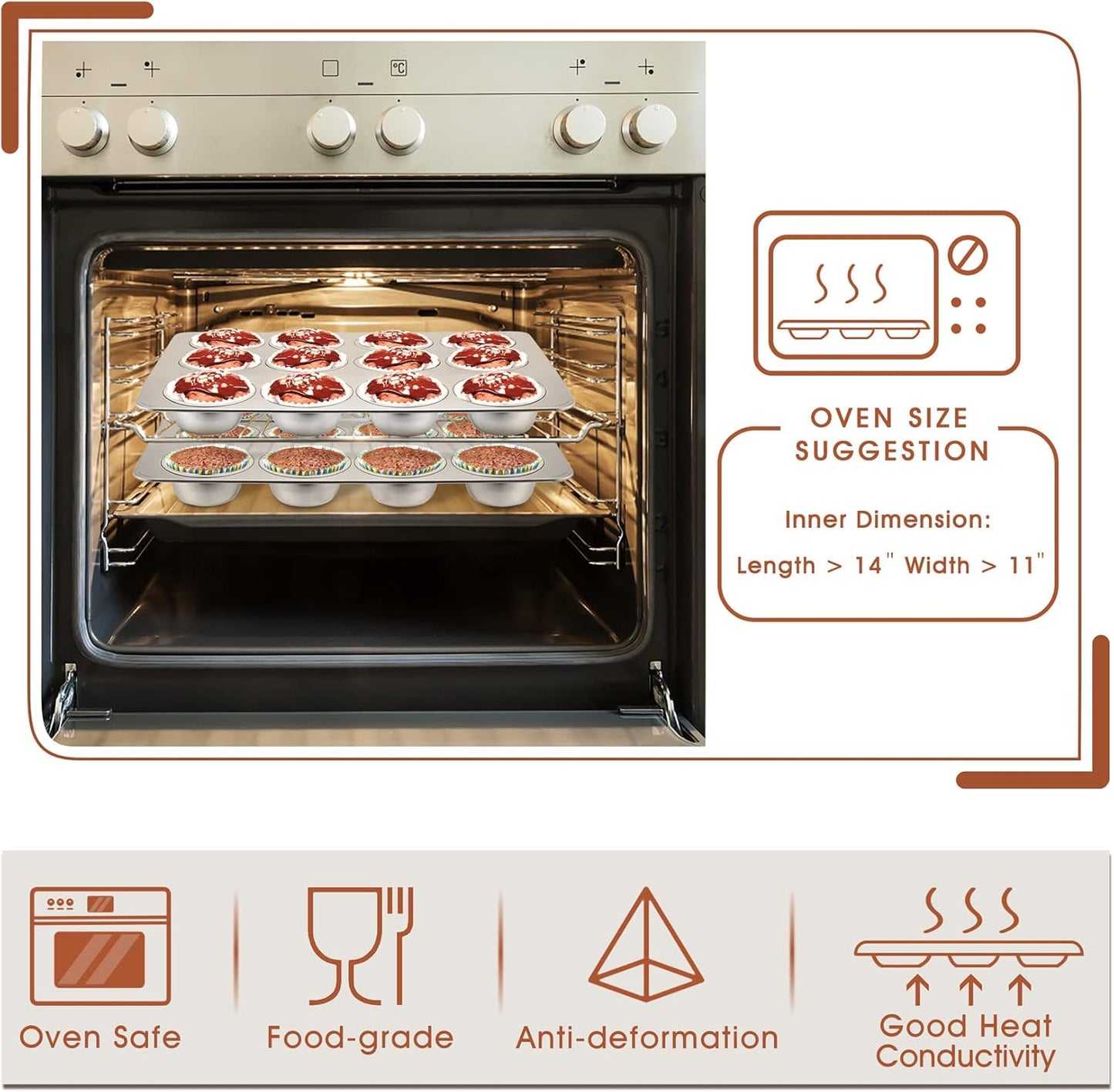 Muffin Pan Cupcake Baking Pan Set, Stainless Steel Muffin Tin Tray for Mini Cake Tart Quiche, Oven & Dishwasher Safe, Non-Toxic & Heavy-Duty, (12 Cup, 2Pcs)