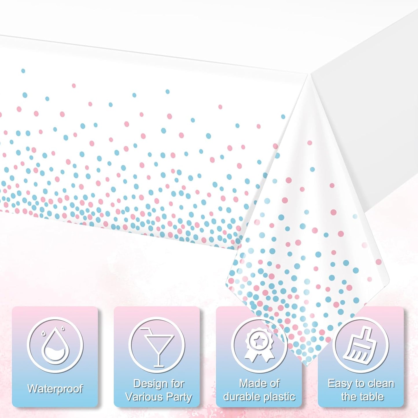 3Pack White and Pink Blue Plastic Tablecloth, White Disposable Table Cloth for Rectangle Tables, Pink Blue Stamping Dot White Tablecloth for Gender Reveal Baby Shower Birthday Party Supplies, 54"X108"