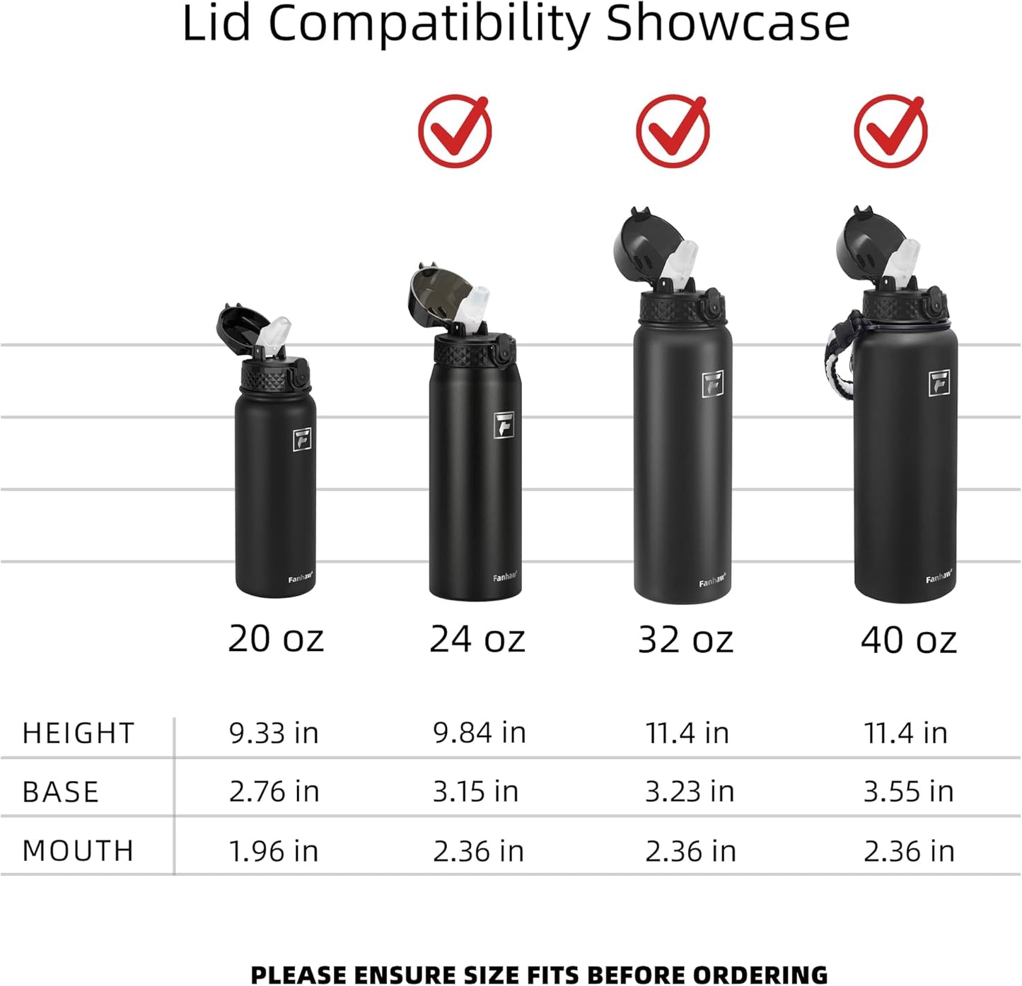 Replacement Straw Lid 24/32/40Oz Insulated Water Bottles, No Straw