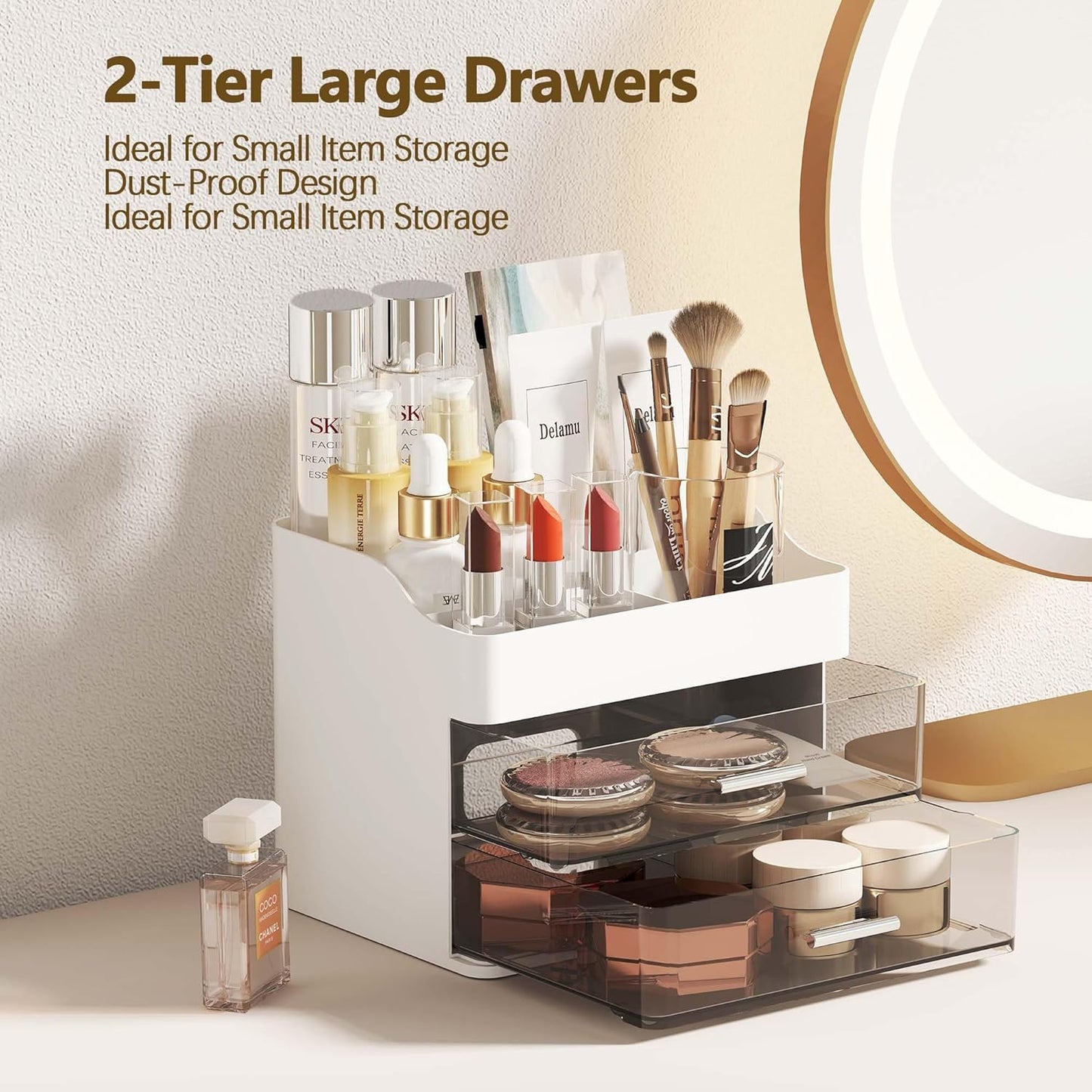 Makeup Organizer Countertop, 3-Tier Large Capacity Bathroom Counter Organizer with 2 Clear Drawers for Easy Access, Ideal for Makeup, Skincare, Lipsticks, Office Supplies, Present, Etc, White