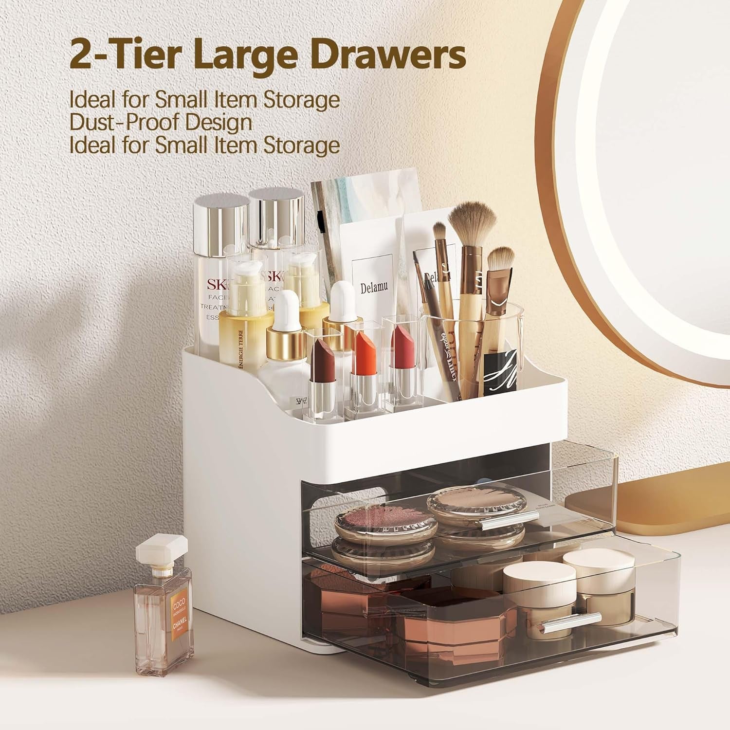 Makeup Organizer Countertop, 3-Tier Large Capacity Bathroom Counter Organizer with 2 Clear Drawers for Easy Access, Ideal for Makeup, Skincare, Lipsticks, Office Supplies, Present, Etc, White