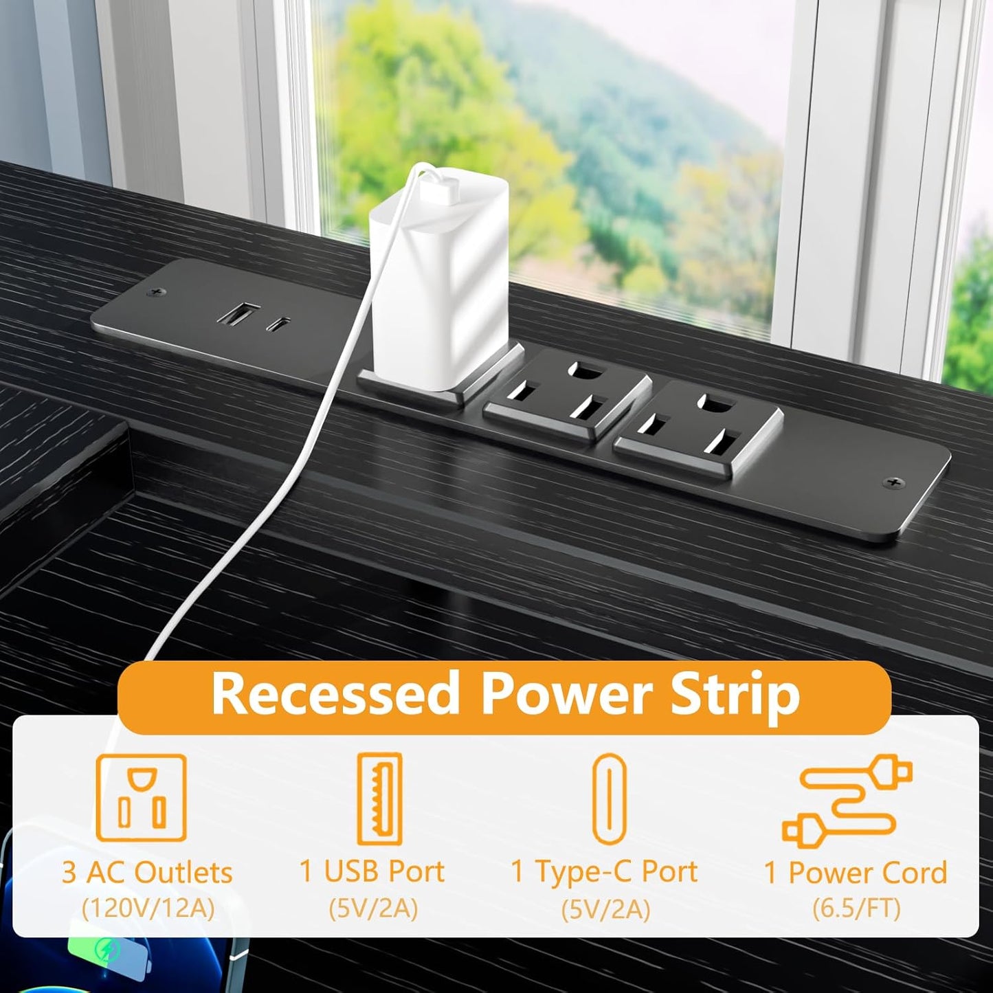 110 Inch 2 Person Desk, Long Two Person Gaming Desk with 6 Drawers & Storage Shelves, 66 Inch L-Shaped Desk with Power Outlets, LED Lights, Corner Table for Home Office, Black