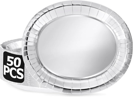 50 Pcs Oval Large Paper Plates, 12.2'' X 10.2'' Silver Foil Paper Plates, Daily Dinner Plates Disposable Paper Plates Bulk Party Supplies for Wedding Silver Anniversaries Graduation Birthday Party