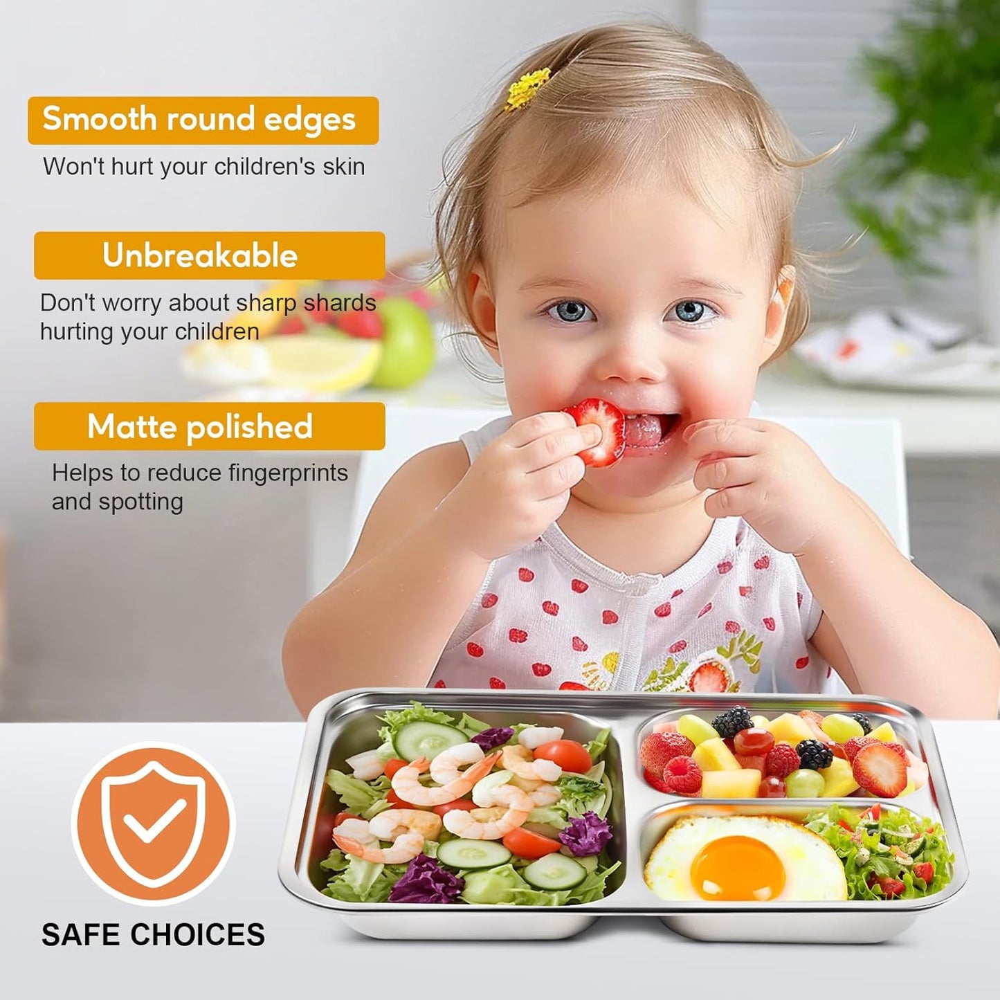 2 Pcs Stainless Steel Kids Plates Set, Toddler Baby Adults Divided Plate, Portion Control Plates for Bariatric & Diabetic Diet, Non Toxic Camping Metal Snack Plate for Eating, Easy to Clean, Silver