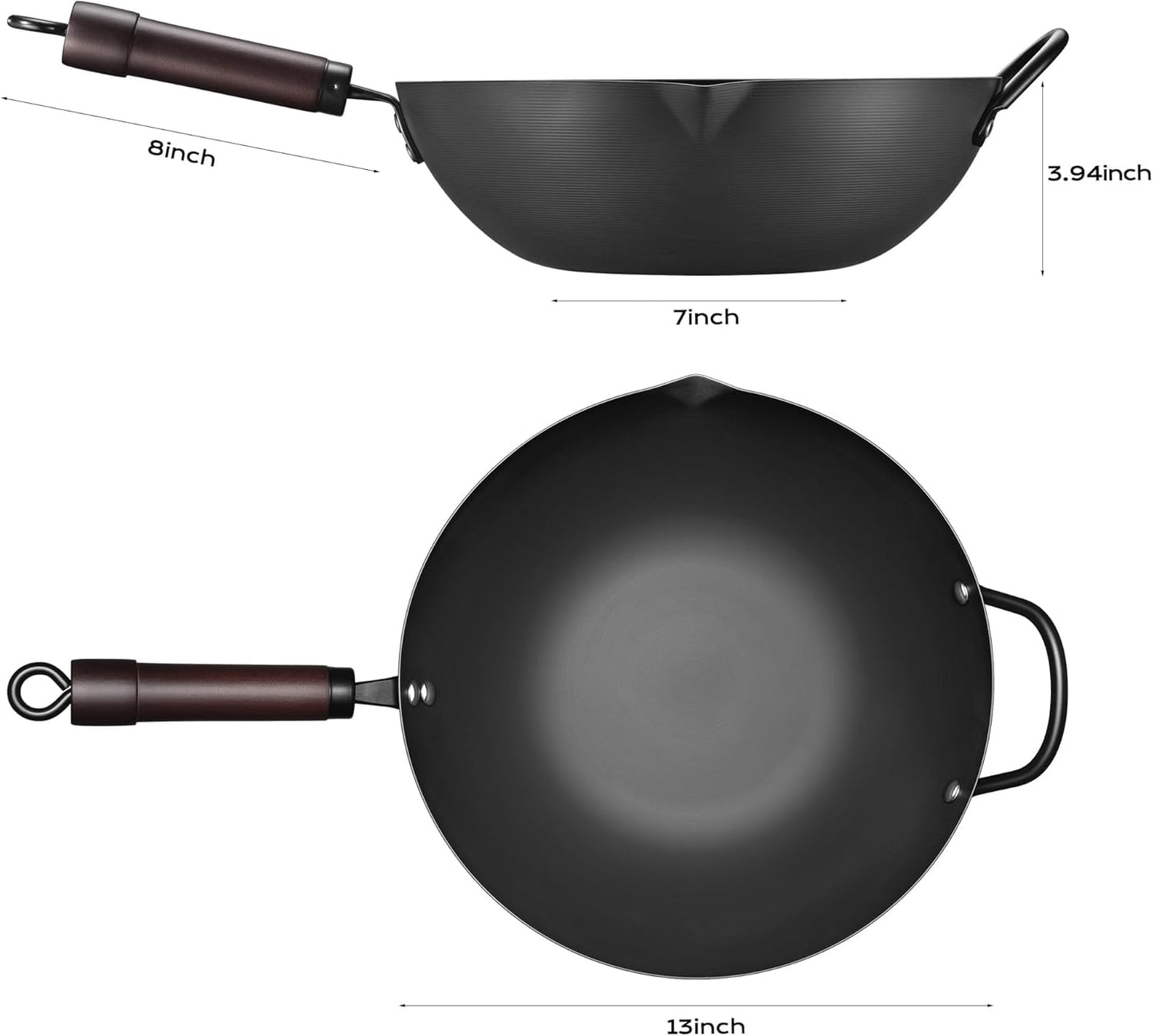 Wok, 13 Inch Carbon Steel Woks & Stir-Fry Pans Nonstick, Pre-Seasoned 5.8QT Flat Bottom Chinese Wok Pan with Lid, Carbon Steel Cookware, Compatible with All Cooktops