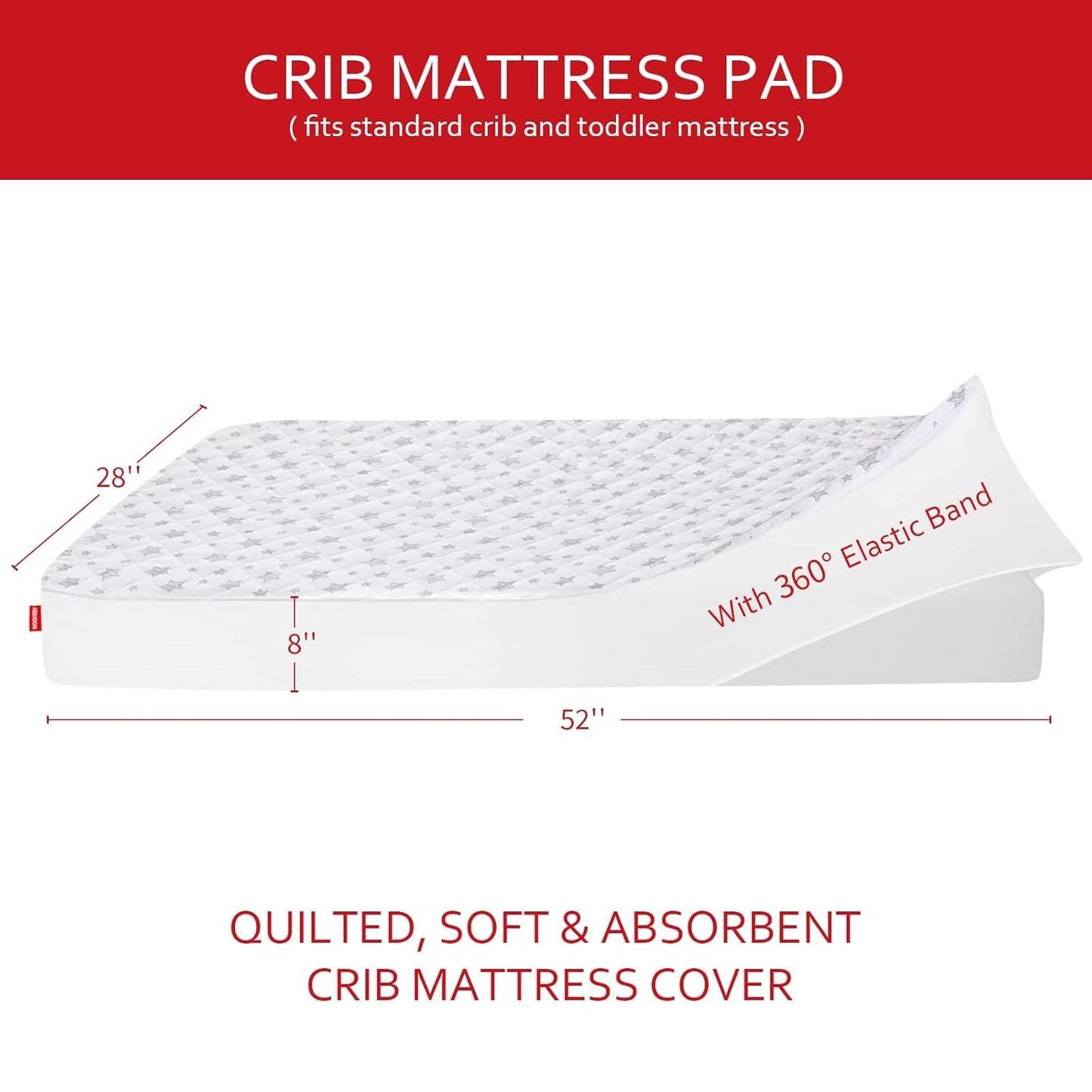 Crib Mattress Protector Waterproof, Quilted Crib Mattress Pad Cover 52" X 28" Extra Soft Breathable Toddler Bed Cover Stretch up to 8", White Star