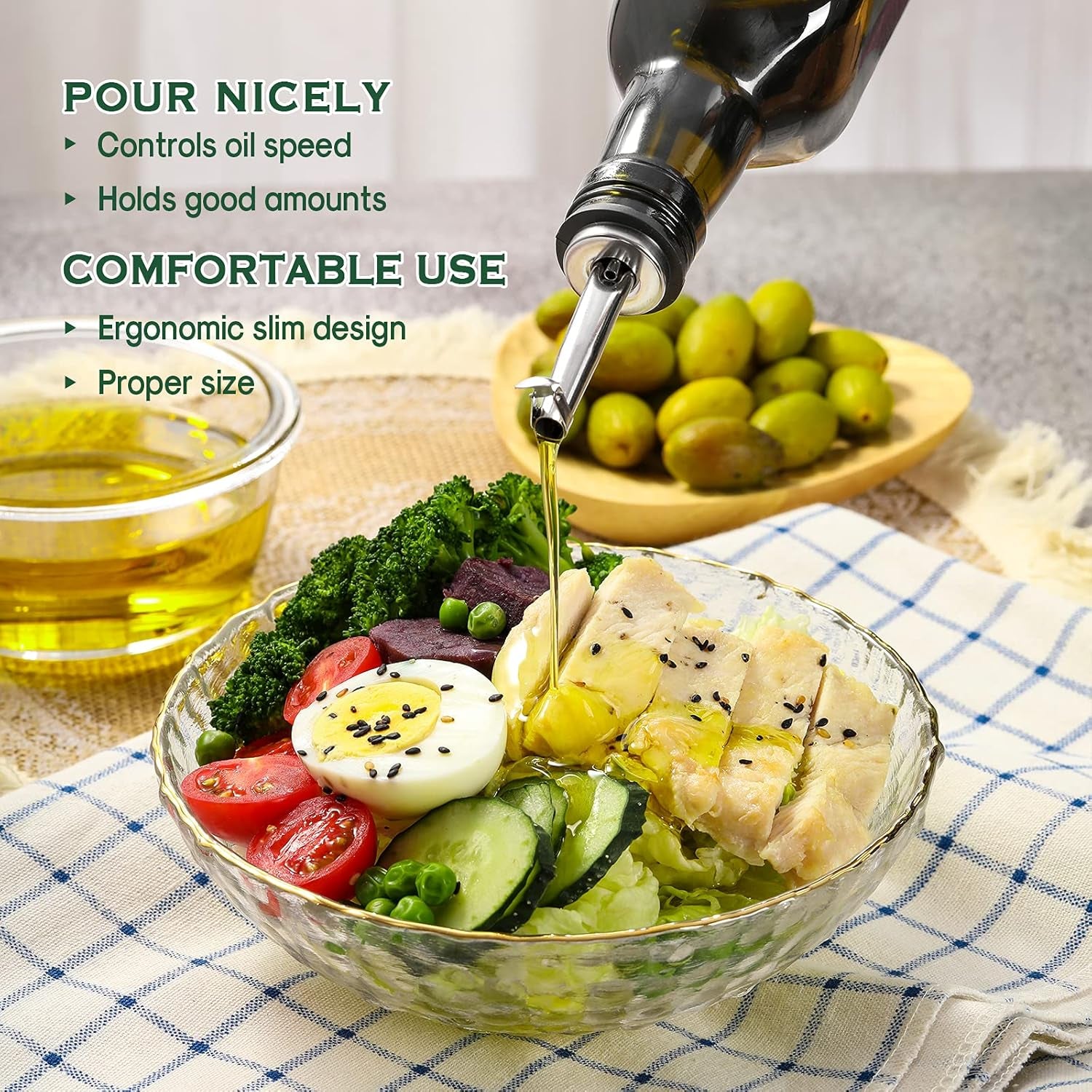 17Oz Glass Olive Oil Dispenser - Oil and Vinegar Cruet Bottle with Stainless Steel Pourers - Funnel for Easy Refill - Olive Carafe Decanter for Kitchen