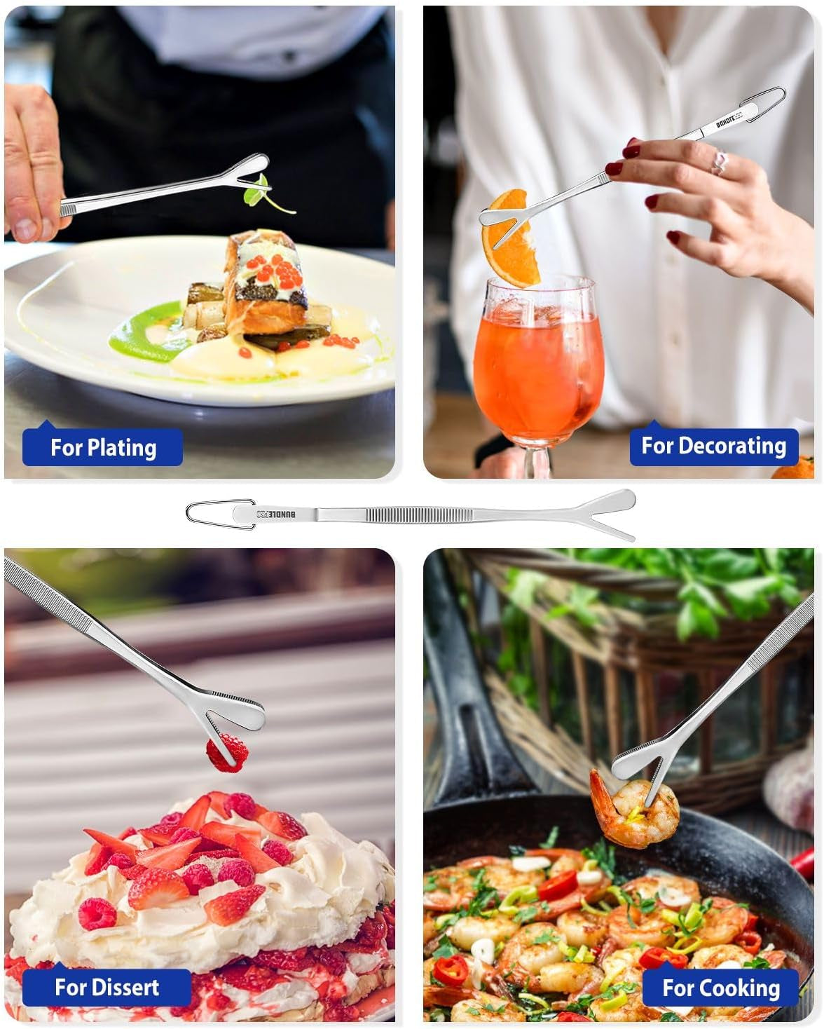 Fine Long Tweezer Tongs Professional Black, 8-Inch Stainless Steel for Kitchen, Food, Cooking, Repairing, Sea Food and BBQ (SILVER)