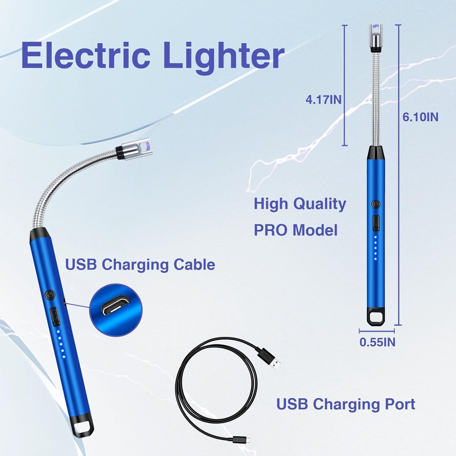 2 PCS Candle Lighter, Electric Lighter Arc Windproof Flameless with 360° Flexible Neck & LED Power Display, Lighters for Candle for BBQ, Grill, Camping, Fireplace, Stove(Blue)