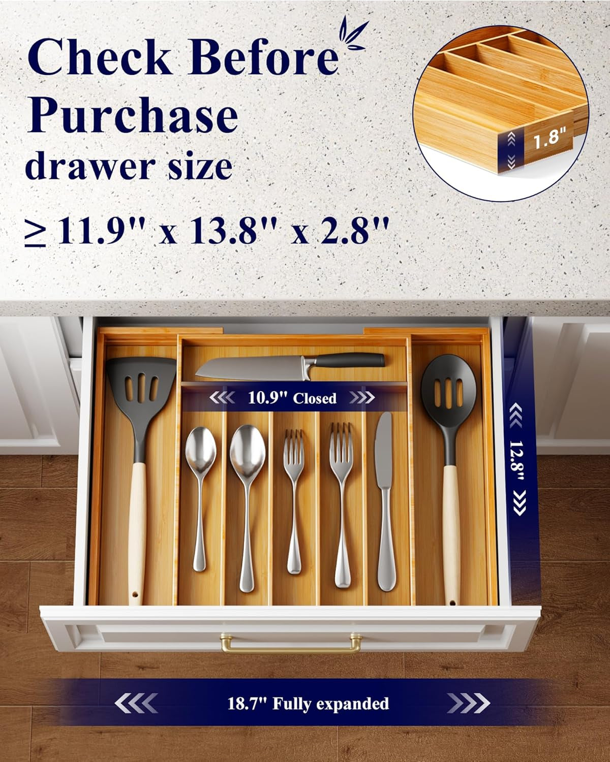 Large Bamboo Silverware Organizer - Expandable Drawer Organizer for Utensil, Cutlery and Flatware, Kitchen Storage Solution with 6 to 8 Slots, Natural, 18.7" × 12.8" × 1.8"
