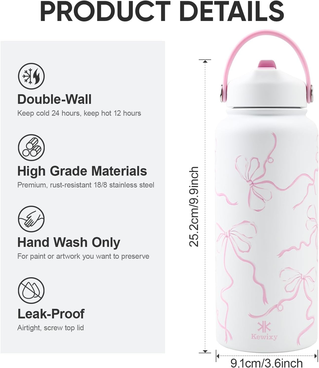 32 Oz Stainless Steel Insulated Water Bottle with Flip Straw and Handle, Leak-Proof, Reusable Wide Mouth Design for Travel, Gym, and School (Breeze Pink Bow)