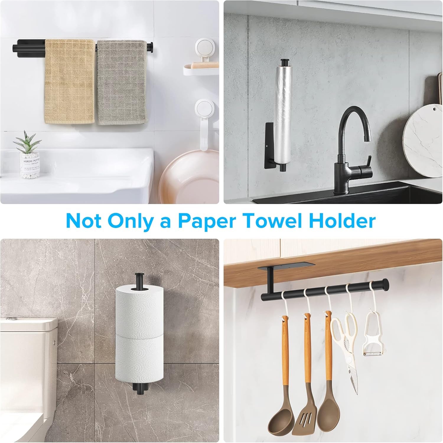 Paper Towel Holder under Cabinet Wall Mounted,  Self Adhesive or Drilling Paper Towel Holder for Kitchen RV, SUS304 Stainless Steel Paper Towel Roll Rack (Black+Silver)
