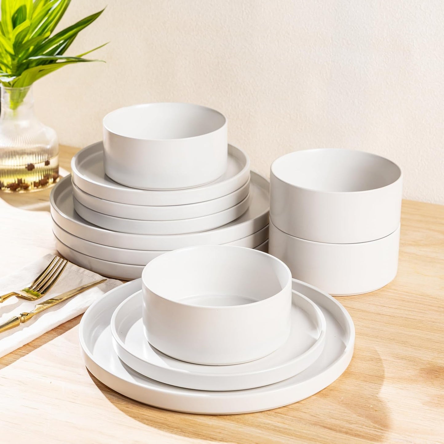 Ceramic Dinnerware Set for Four - 12-Piece Stoneware Plates and Bowls, Chip and Crack Resistant, Dishwasher and Microwave Safe, Scratch Resistant - Matte White Finish