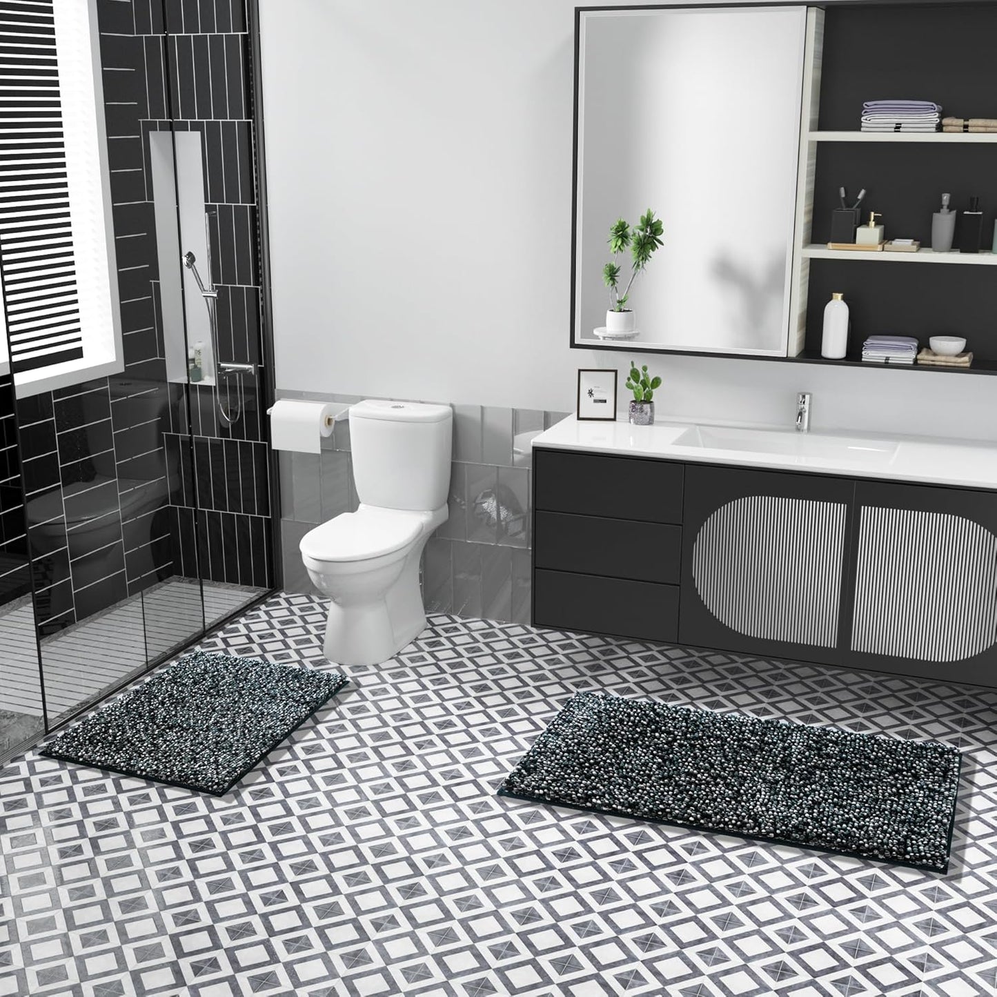 Bath Mats for Bathroom Non Slip, 28X17.5, Extra Soft Chenille Bathroom Rugs, Fluffy Plush Luxury Shower Mat Outside, Water Absorbent, Machine Washable, Black & Dark Gray