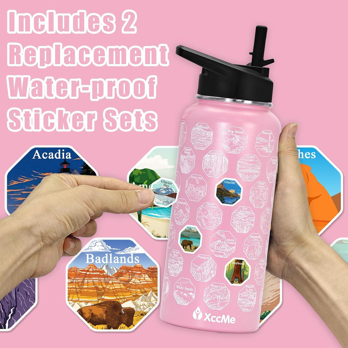 63 National Parks Water Bottle with Stickers,32 Oz Stainless Steel Insulated Water Bottle with Straw,2 Lids,Leak Proof Metal Water Bottle for Hiking,Travel,Sports,Camping,Wide Mouth Bottle