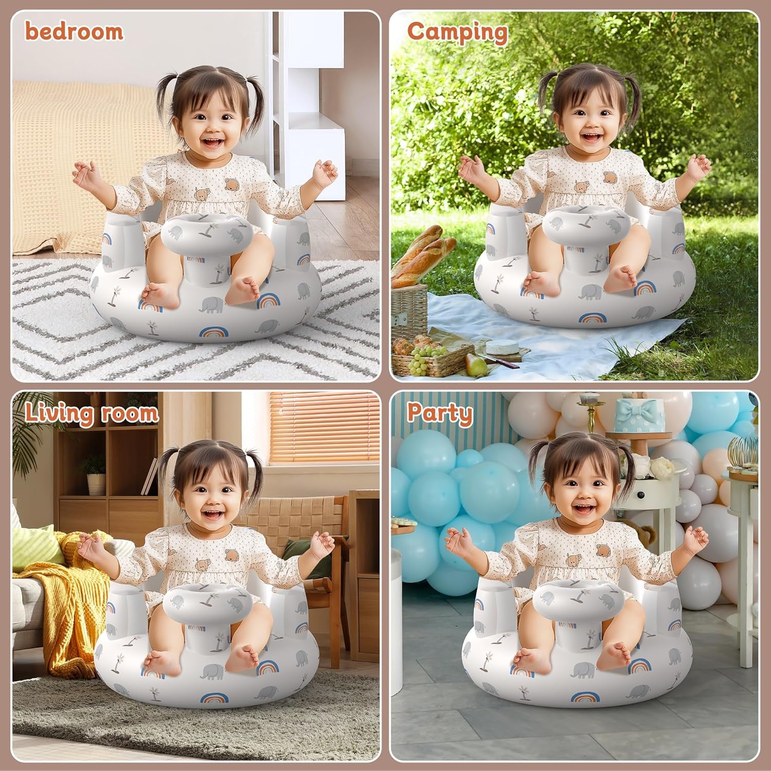 Inflatable Baby Floor Seat for Ages 3 Months and Up, Foldable Design with Integrated Air Pump, Portable and Adorned with Charming Patterns.
