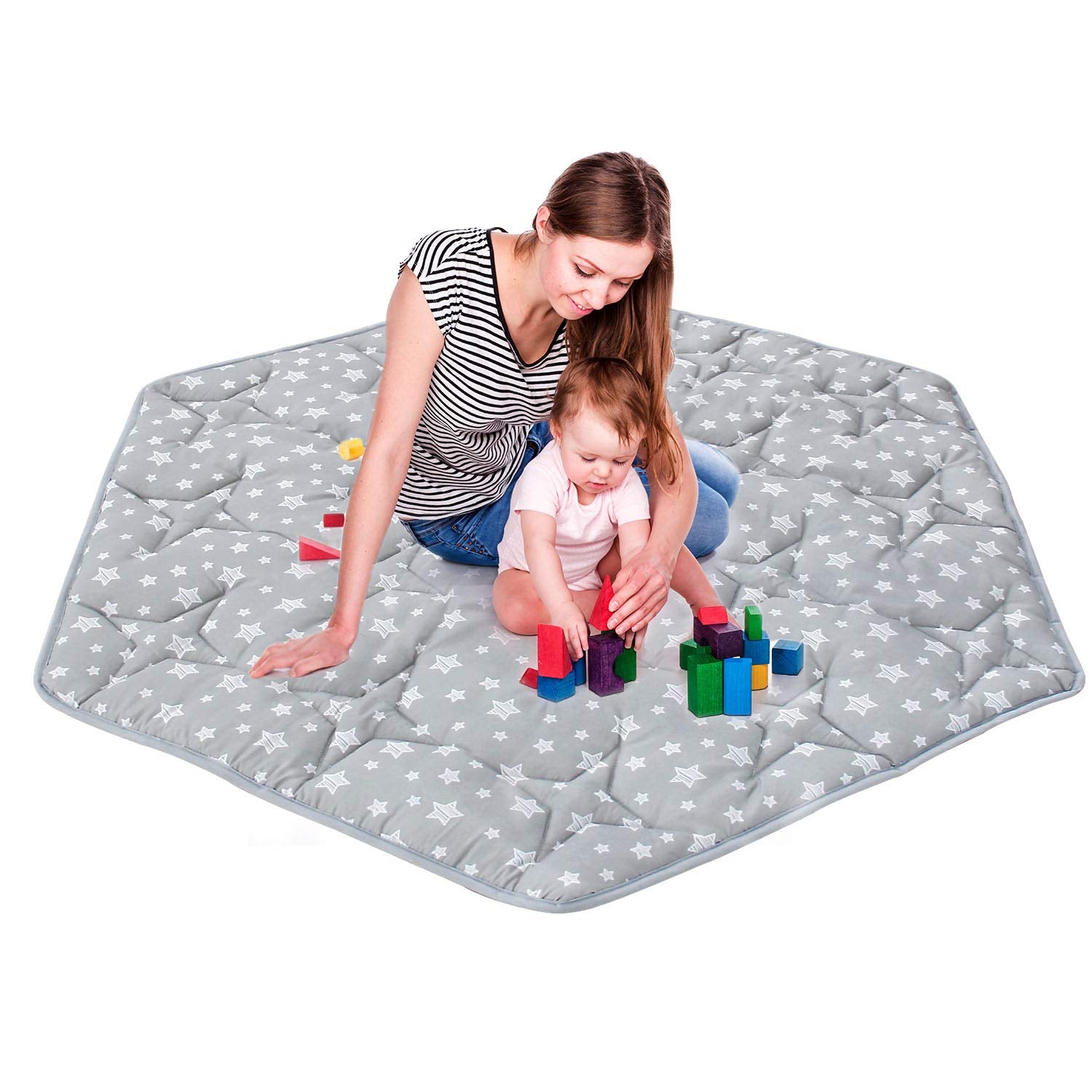 Hexagon Playpen Mat, Baby Playmat Fits Regalo Portable Play Yard 48 Inch and Hiccapop 53" Playpod Playpen, 6 Panel Playpen Mattress Non Slip Pad Mat