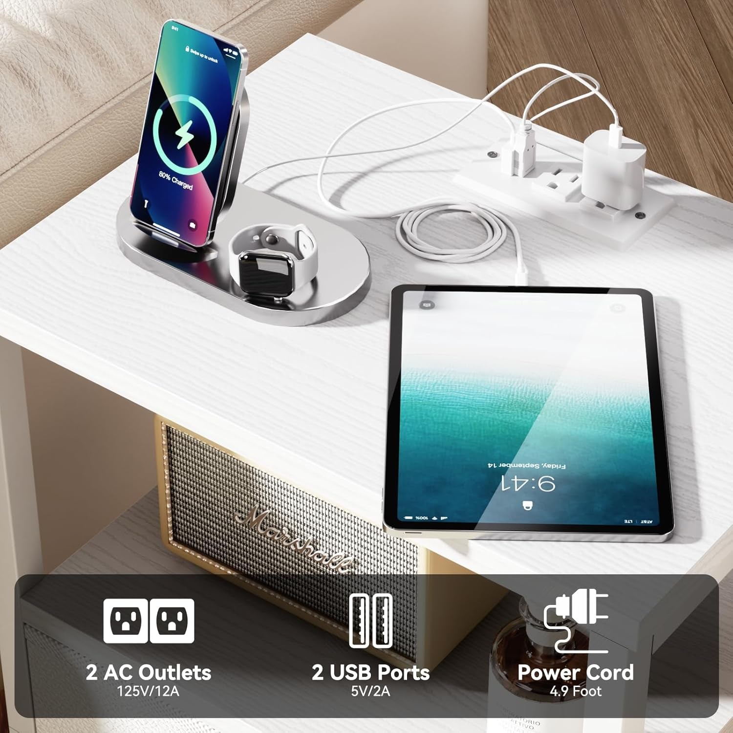 Nightstands Set of 2, End Tables Set of 2 with Charging Station and LED Lights, White Night Stands with 2 Fabric Drawers, Bedside Tables for Living Room/Bedroom