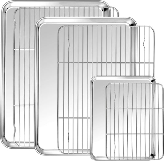 17.5 + 16 + 10.4 Inch Baking Sheets with Racks Set, Stainless Steel Baking Cookie Sheet Oven Pan and Cooling Rack, Healthy & Easy Clean, Oven & Dishwasher Safe, 3 Sizes & 6Pcs