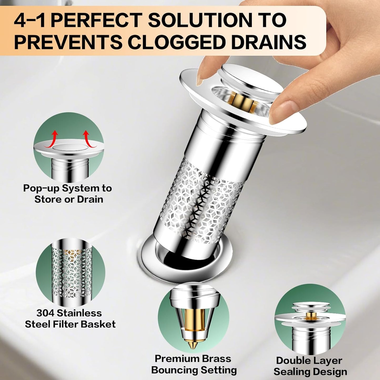 Universal Bathroom Sink Drain Strainer Set - Removable 304 Stainless Steel Filter Basket and Hair Catcher Plug for 1.1"-1.45" Drain Openings, 2 Pack