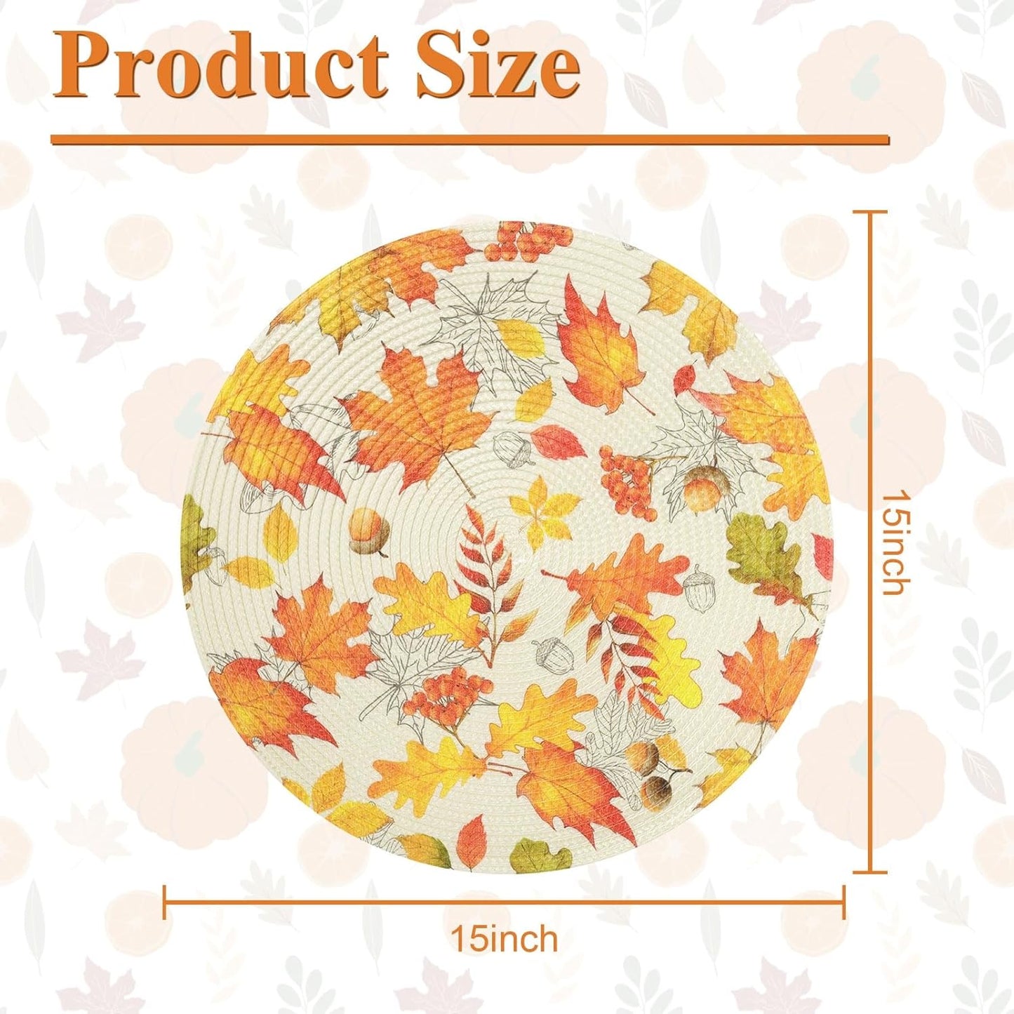 round Fall Placemats Set of 4 Orange Maple Leaves Nuts Acorn Polypropylene Woven Braided Place Mats 15 Inch Seasonal Autumn Thanksgiving round Table Mats Kitchen Dining Table Decoration