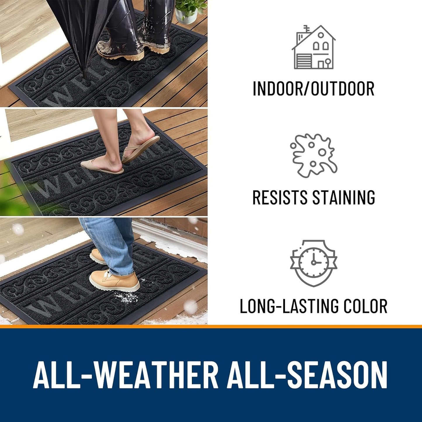 Welcome Door Mat Indoor Outdoor Entrance, Heavy Duty Sturdy Front Door Mat, Waterproof All-Weather Doormat, Stain Resistant, Low Profile, Easy Clean Patio Entryway Mat, 29.5 X 17, Black