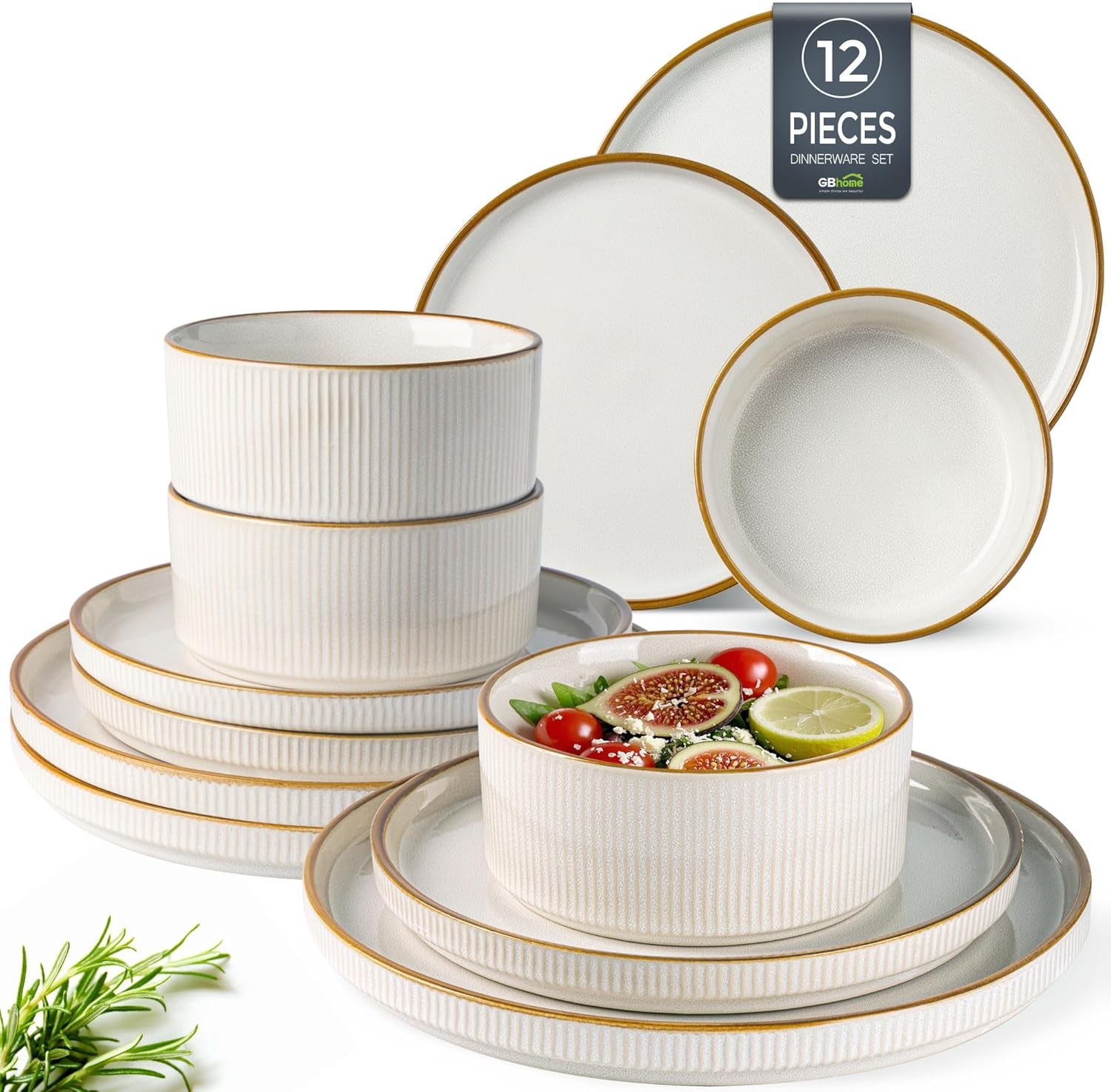 Stoneware Dinnerware Set for Four - Round Reactive Glaze Ceramic Plates and Bowls, Highly Scratch Resistant, Dishwasher and Microwave Safe, 12 Pieces