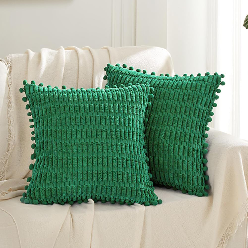 2 Packs Green Euro Decorative Throw Pillow Covers 26X26 Inch with Pom-Poms for Couch Bed Sofa, Boho Home Decor, Soft Striped Corduroy Accent Square Forest Green Cushion Case 66X66 Cm