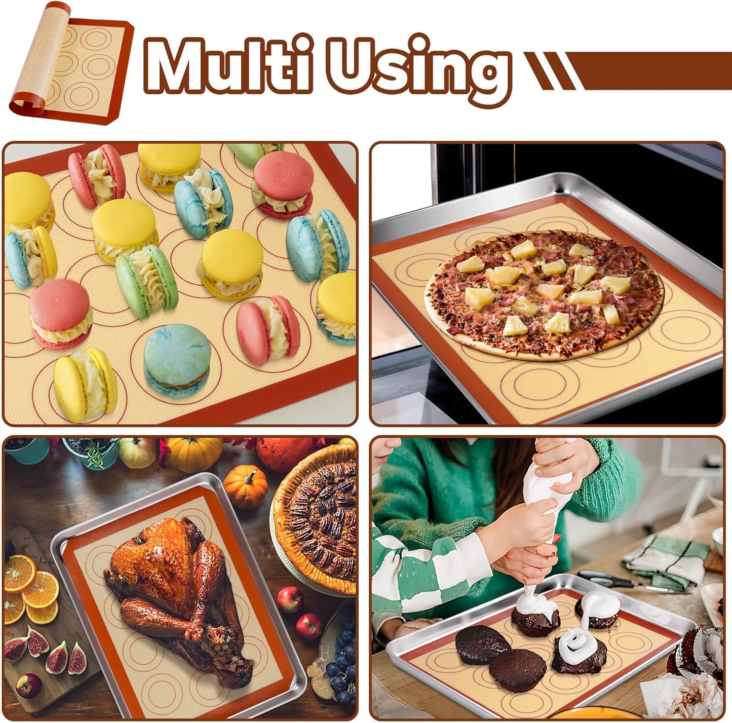 15 Inch Silicone Baking Mats, 2 Pcs Reusable Silicone Oven Mat, Non Stick Baking Supplies for Macaroon Pastry Bread Dough Cookie, Fits Well with Sheet Pan, Healthy & Easy Clean