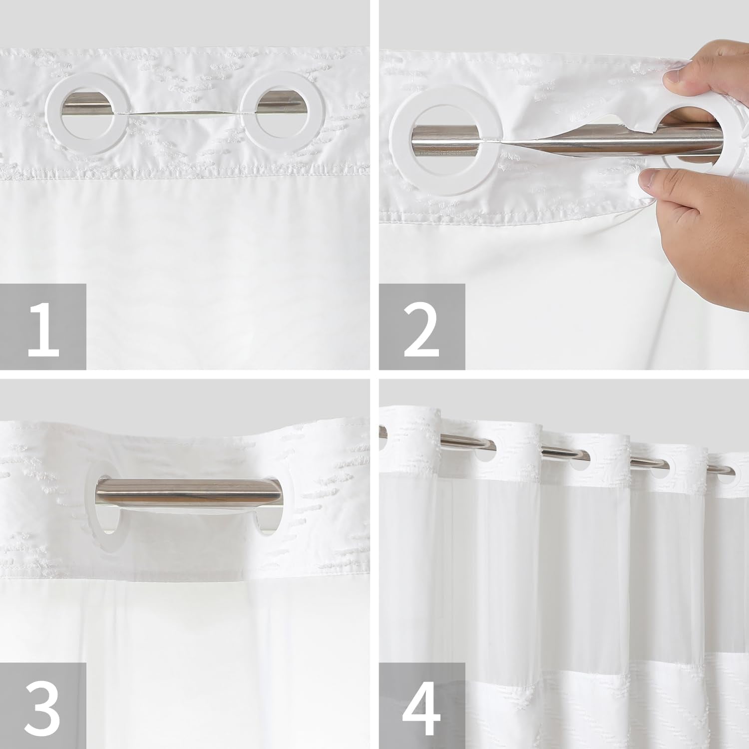 No Hook Tufted Chevron Striped Shower Curtain with Snap-In Fabric Liner Set-71Wx74H,Hotel Grade,Boho Style Waterproof Shower Curtain with See through Top Window,White