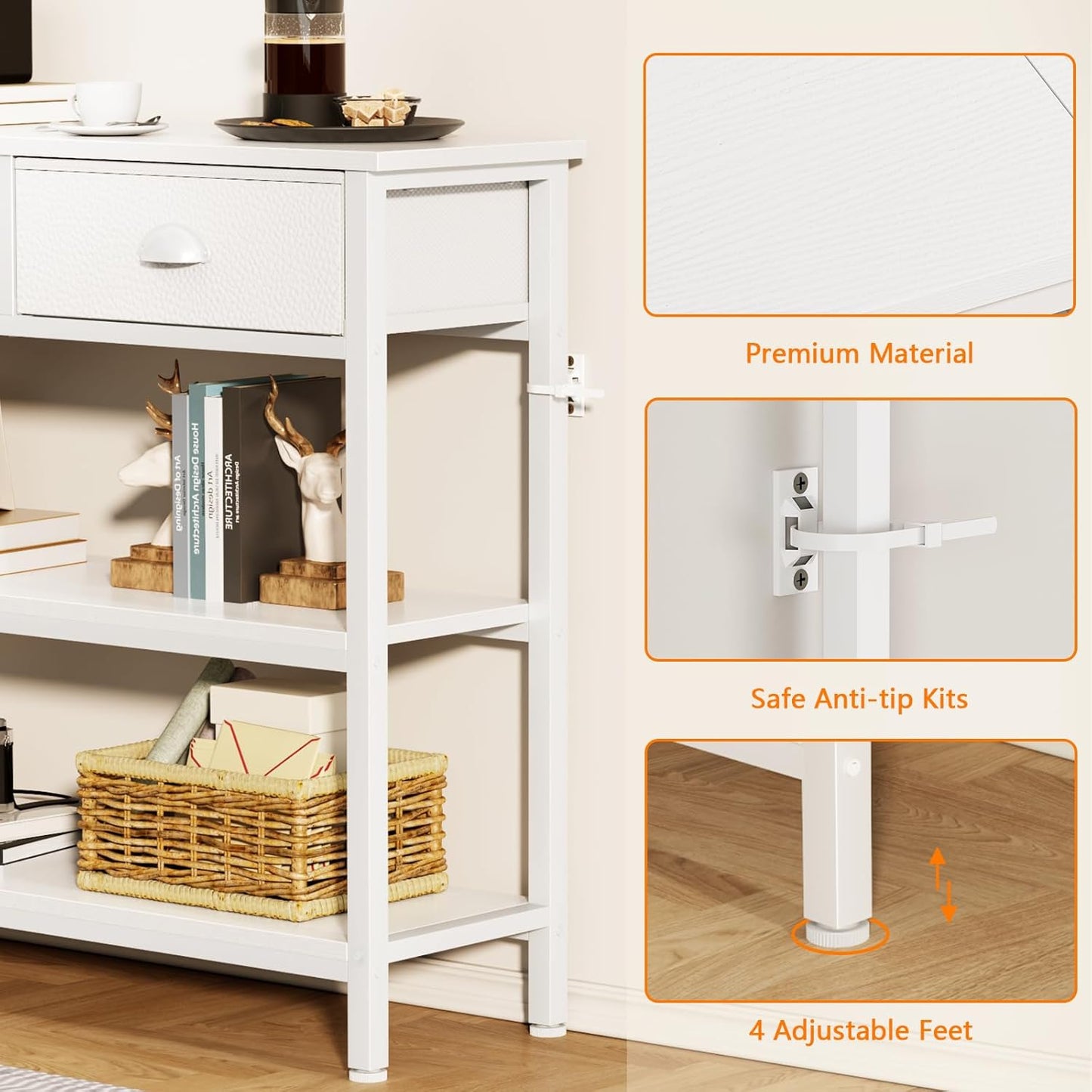 White Long 47" Console Sofa Table with 3 Drawers, Entryway Table with 3-Tier Storage Shelves, Display Shelf for Entry Way, Hallway, Couch, Living Room, Kitchen, Foyer