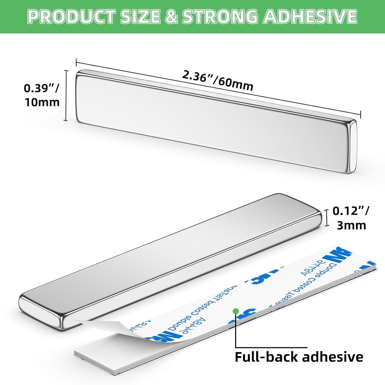 Neodymium Bar Magnets - 6 Pack High-Strength Magnets with Double-Sided Adhesive, Ideal for Heavy-Duty Applications in Home, Garage, Kitchen, and Crafts - 60x10x3 mm (N52)