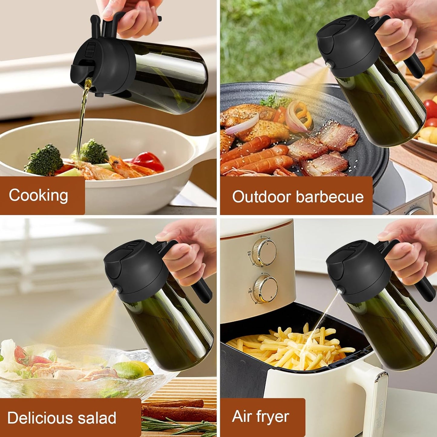 16Oz/470Ml Light-Blocking Dark Oil Sprayer for Cooking, 2 in 1 Olive Oil Dispenser Bottle for Kitchen, Premium Dark Green Glass Oil Bottle, Food-Grade Oil Mister for Air Fryer, BBQ (Black)