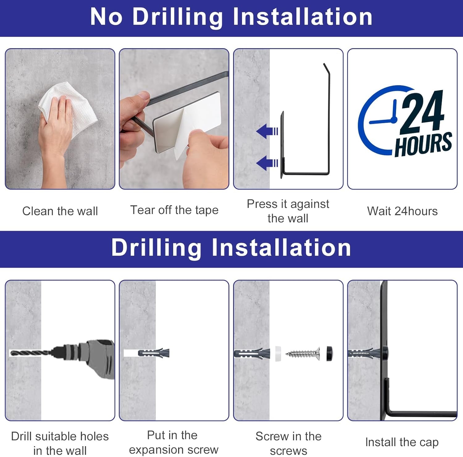 Bathroom Toilet Paper Holder 2Pack,Stainless Steel Toilet Roll Holder,Wall Mounted Self Adhesive Paper Stand for Bathroom, Kitchen, Washroom(Black)