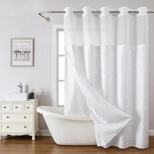 White No Hook Shower Curtain with Fabric Snap in Liner Set, Boho Tufted Chevron Striped Shabby Chic Textured Shower Curtain with a Mash Top Window, Hotel Decor, 71" W X 74" L