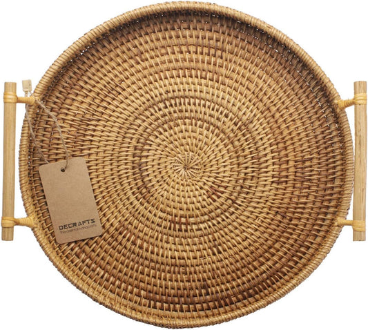 Rattan round Serving Tray Wicker Woven Bread Basket with Handles for Cracker Dinner Parties Coffee Table Breakfast (Natural 12.6 Inches)