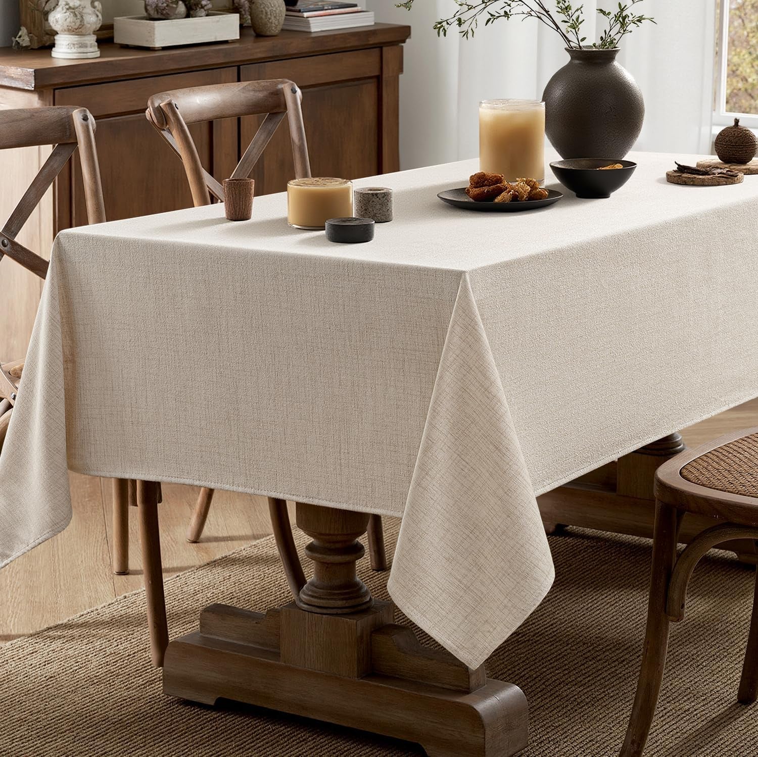 Grayish White Linen Tablecloth 60X84 Inch Rectangle Table Cloth Waterproof,Stain Resistant & Wrinkle Resistant for Dining Party Wedding