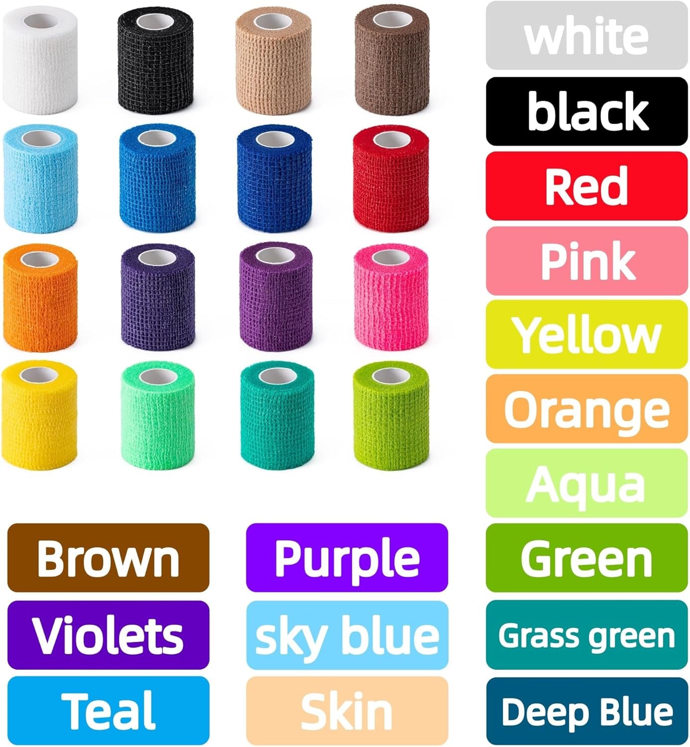 16 Pack Self Adhesive Bandage Wraps,2" X 5 Yards Non-Woven Elastic Cohesive Bandage Wrap, Color Athletic Tape for Wrist, Vet Wrap, Ankle Tape (Multicolour)