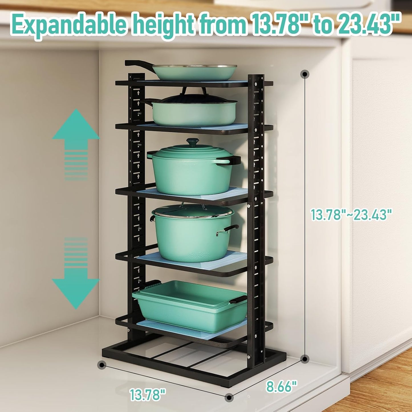 Pots and Pans Organizer for under Cabinet, 6-Tier Heavy Duty Adjustable Pan Pot Organizers inside Cabinet, Pot Rack for Kitchen Cabinet Organizers and Storage Black Holds 66 Lbs