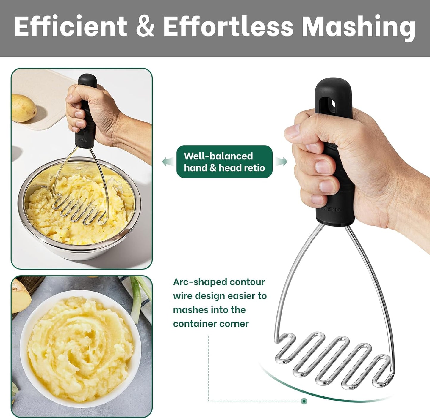 Stainless Steel Wire Potato Masher, Heavy Duty Sturdy Easy Grip Masher Kitchen Tools with Non-Slip Soft Rubber Handle, Effortless Mashing Tool for Potatoes, Avocados, Dishwasher Safe, Rustproof
