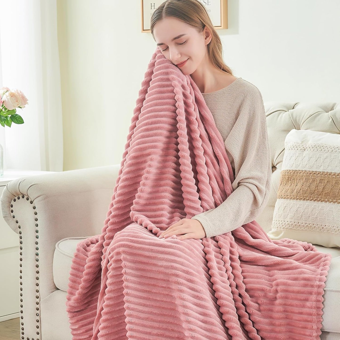 2 Pieces 3D Ribbed Jacquard Soft and Warm Decorative Fuzzy Blankets, Pink, 50X60In