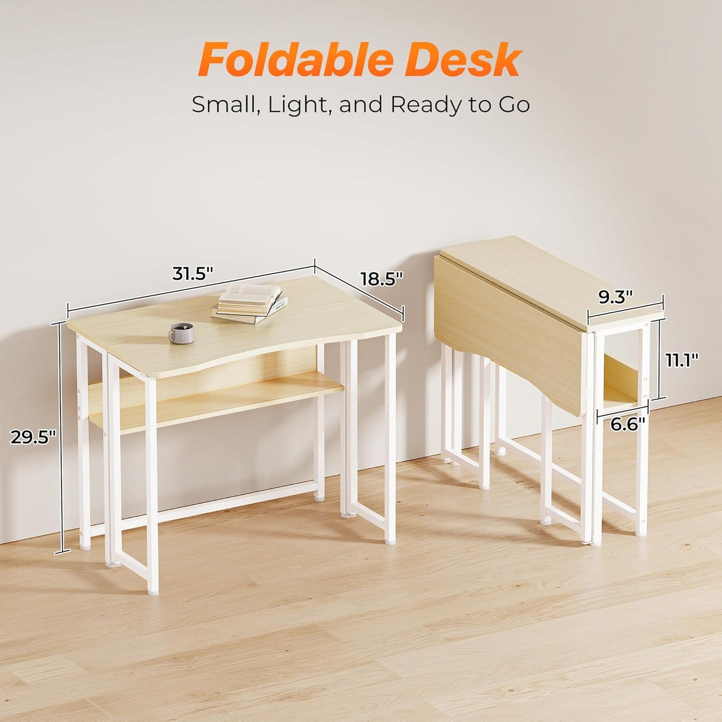 Folding Desk with Storage Shelf - 31.5 Inch Compact Computer Table for Small Spaces, Space-Saving Sofa Table, Writing and Office Use, Easy to Fold, Oak Finish