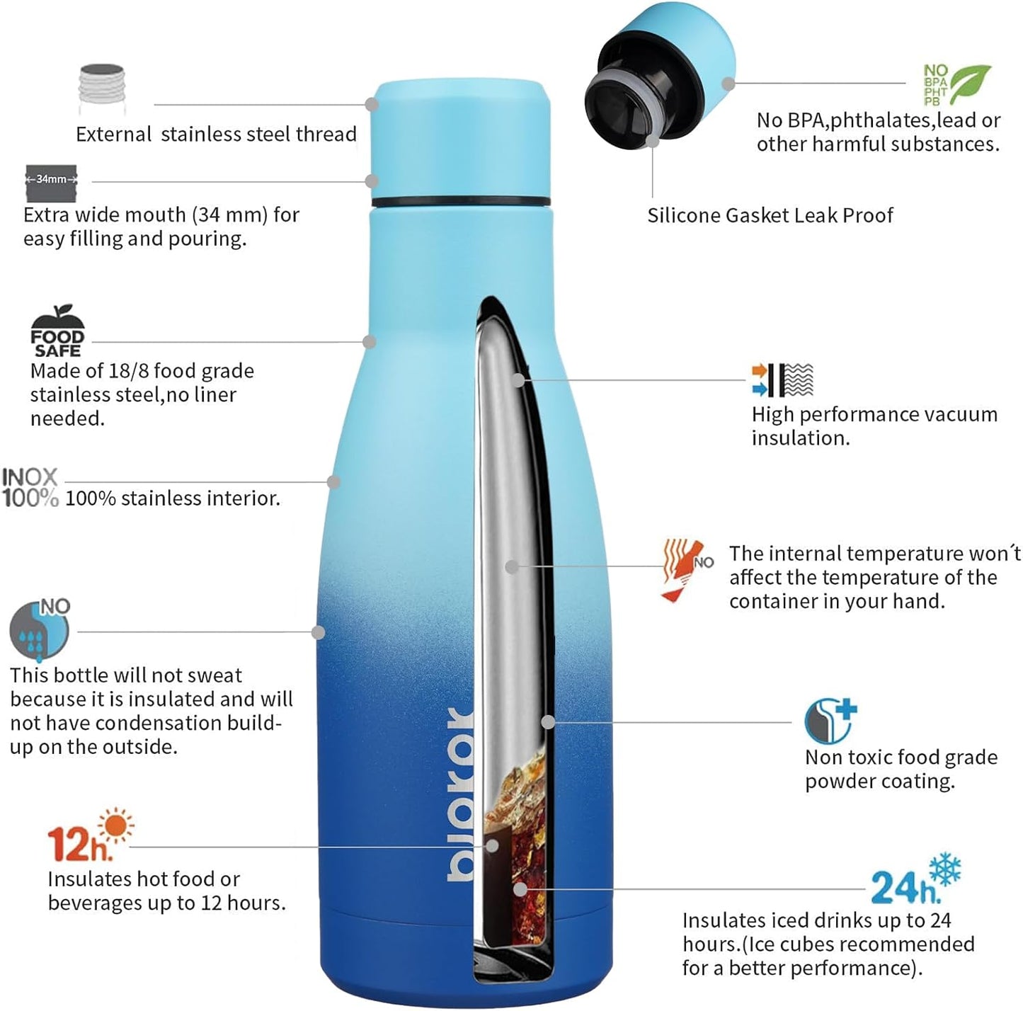 12Oz Water Bottles Stainless Steel Double Wall Vacuum Insulated Small Water Bottles for Travel,Sky