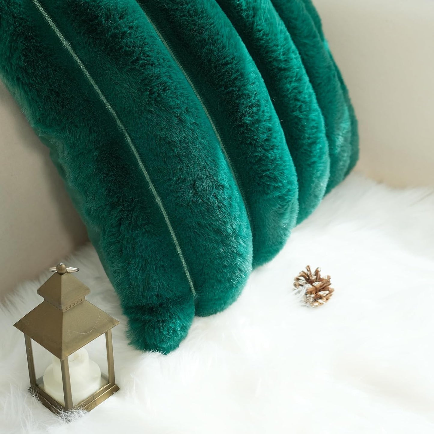 Pack of 2 Faux Fur Plush Decorative Throw Pillow Covers Couch Cushion Case Soft Fluffy Pillowcases Wide Stripe (Dark Green, 18 X 18 Inch)