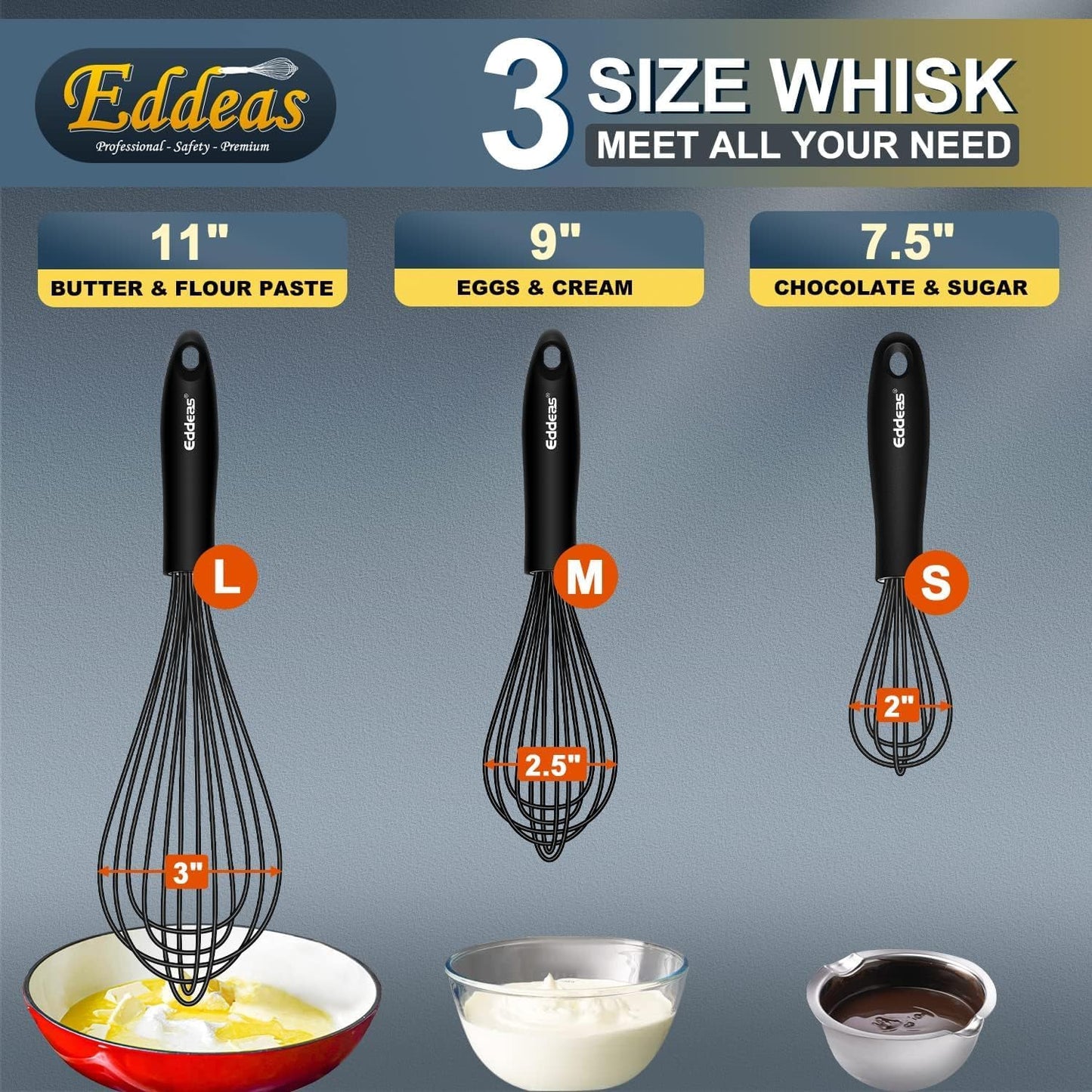 Silicone Whisk, Stainless Steel & Silicone Non-Stick Coated Whisks Set of 3-Heat Resistant Kitchen Whisks, Balloon Egg Beater Perfect for Blending, Whisking, Beating & Stirring, Black