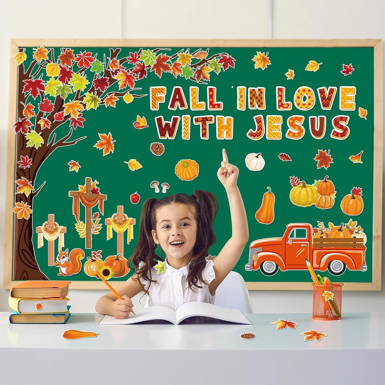 100Pcs Fall in Love with Jesus Bulletin Board Set Fall Christian Decoration Cut-Outs Paper Poster Banner with Fall Tree Leaves Pumpkin Cross Truck Patterned for Religious Church Classroom Decor