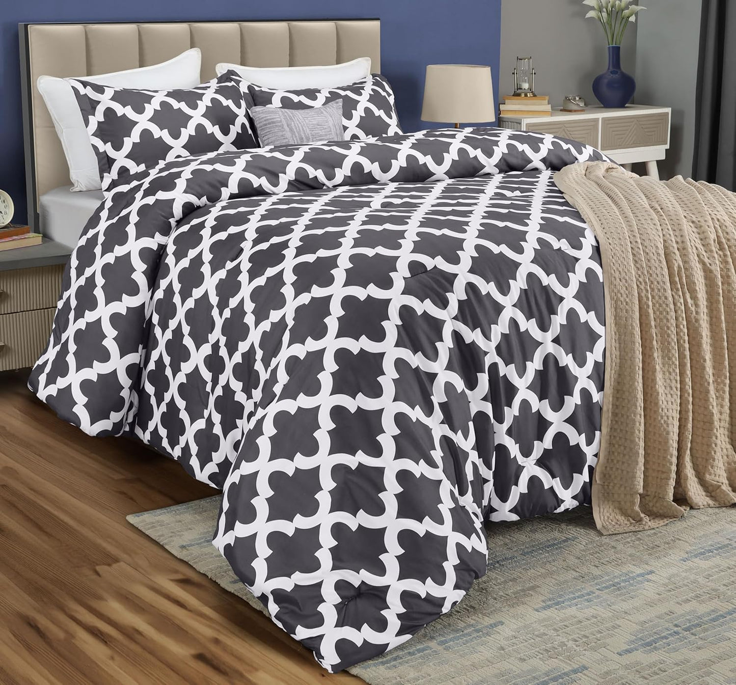 King Comforter Set Grey, Printed Comforters King Size, 3 Piece Lightweight All Season down Alternative Bedding Set with 1 Comforter (90 X 102 In) and 2 Pillow Shams (20 X 36 In)